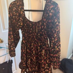 black floral dress-long puff sleeves and mini